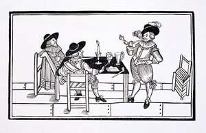 Vintners in a Tudor ale house, from a broadsheet Health to All, 1642 by English School